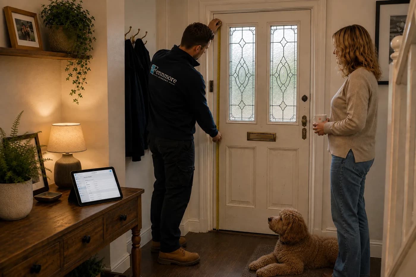 A fitter measuring a front door on the FramesHub app while the homeowner looks on
